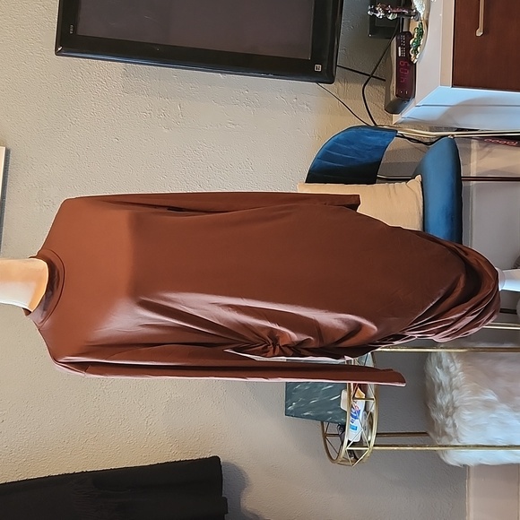 Popular 21 Mock Neck Long Sleeve Ruched Midi Brown Tshirt Dress NWT - Picture 4 of 9